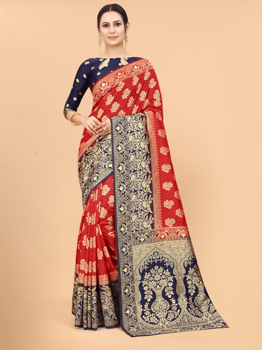 

SATYAM WEAVES Magenta & Navy Blue Woven Design Zari Silk Cotton Banarasi Saree