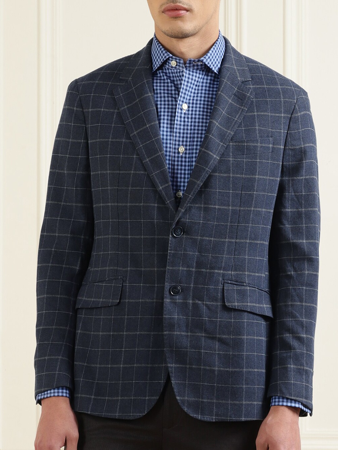 

HACKETT LONDON Men Navy Blue Checked Slim-Fit Single-Breasted Pure Cotton Blazer