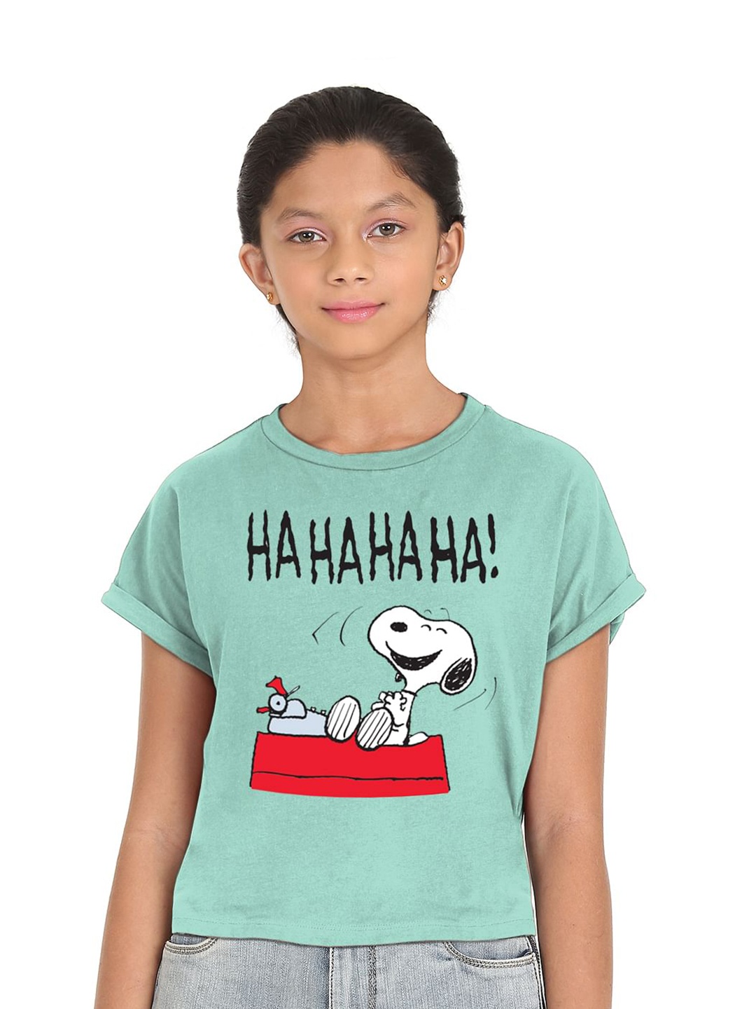 

SUGR Girl Girls Turquoise Blue & White Snoopy Printed Extended Sleeves T-shirt