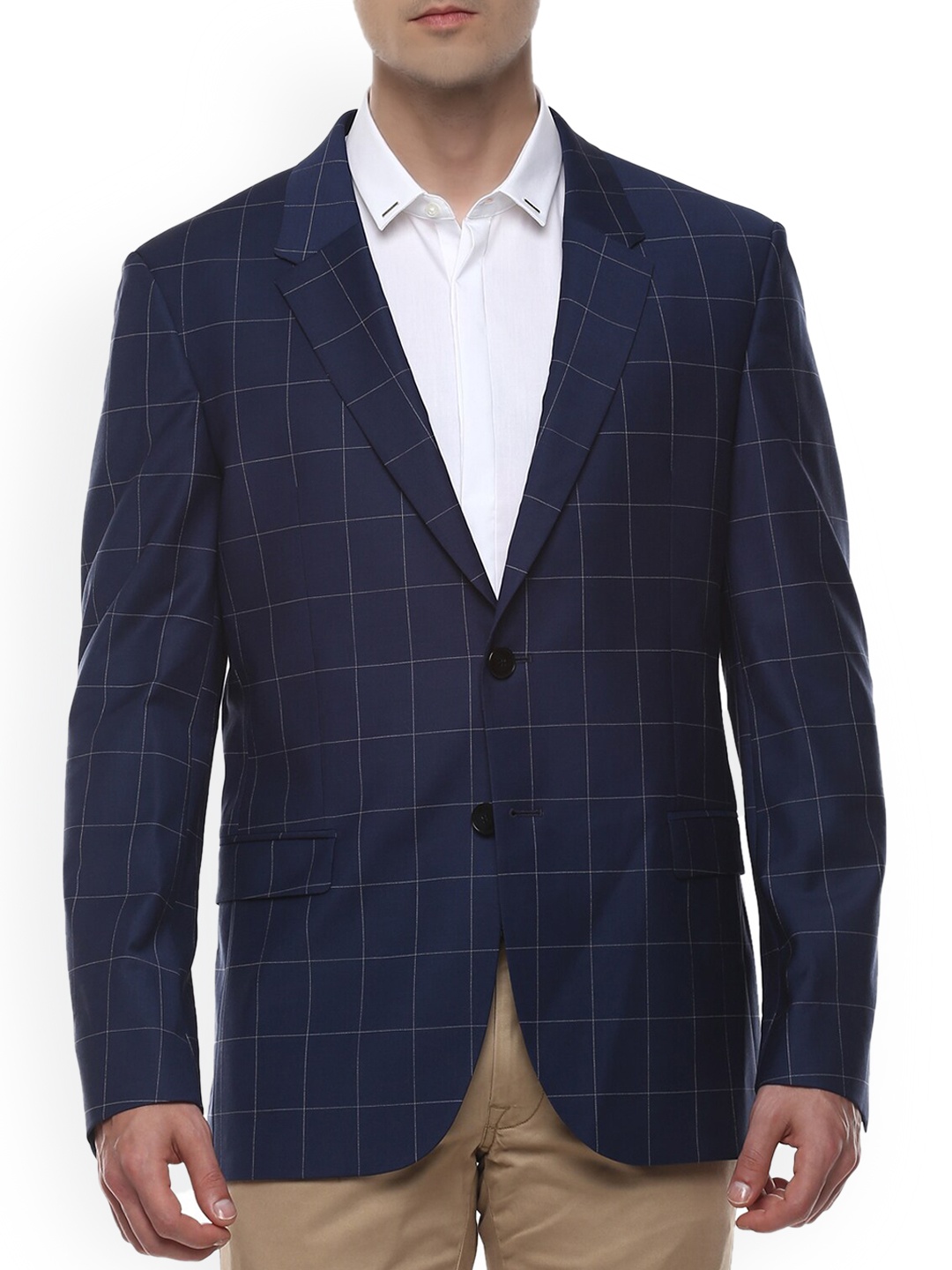 

HUGO Men Navy Blue Checked Single Breasted Slim-Fit Formal Suit