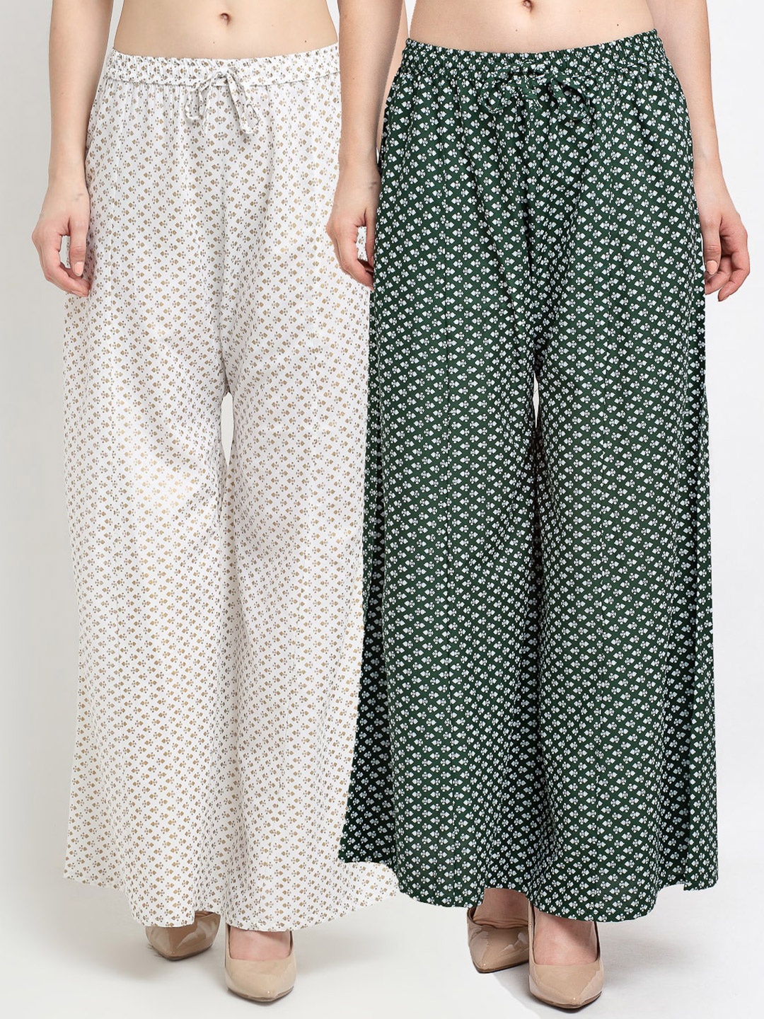 

Jinfo Women White & Green Pack of 2 Ethnic Motifs Printed Flared Knitted Ethnic Palazzos