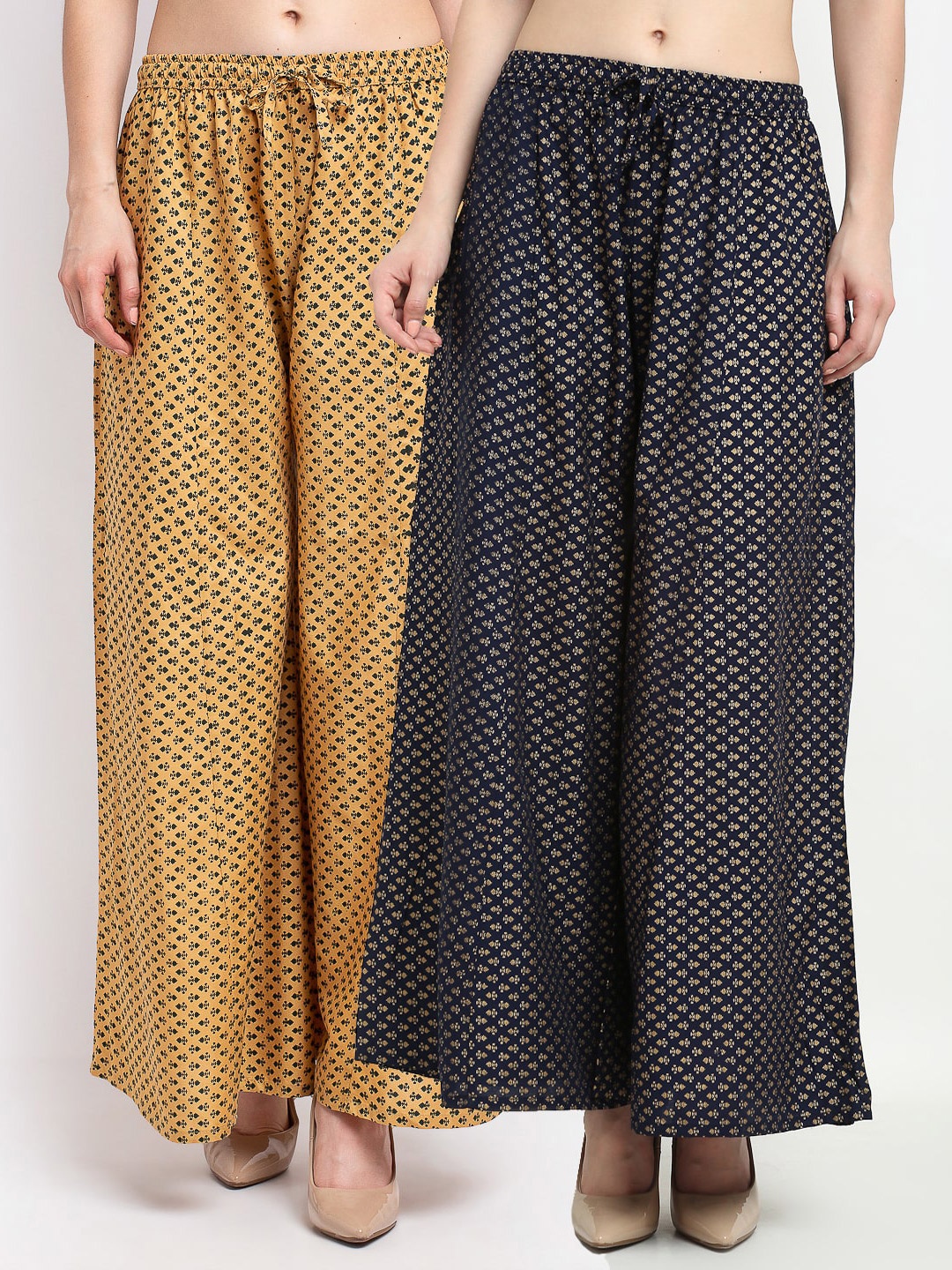 

Jinfo Women Nude & Navy Blue Set of 2 Printed Flared Knitted Ethnic Palazzos