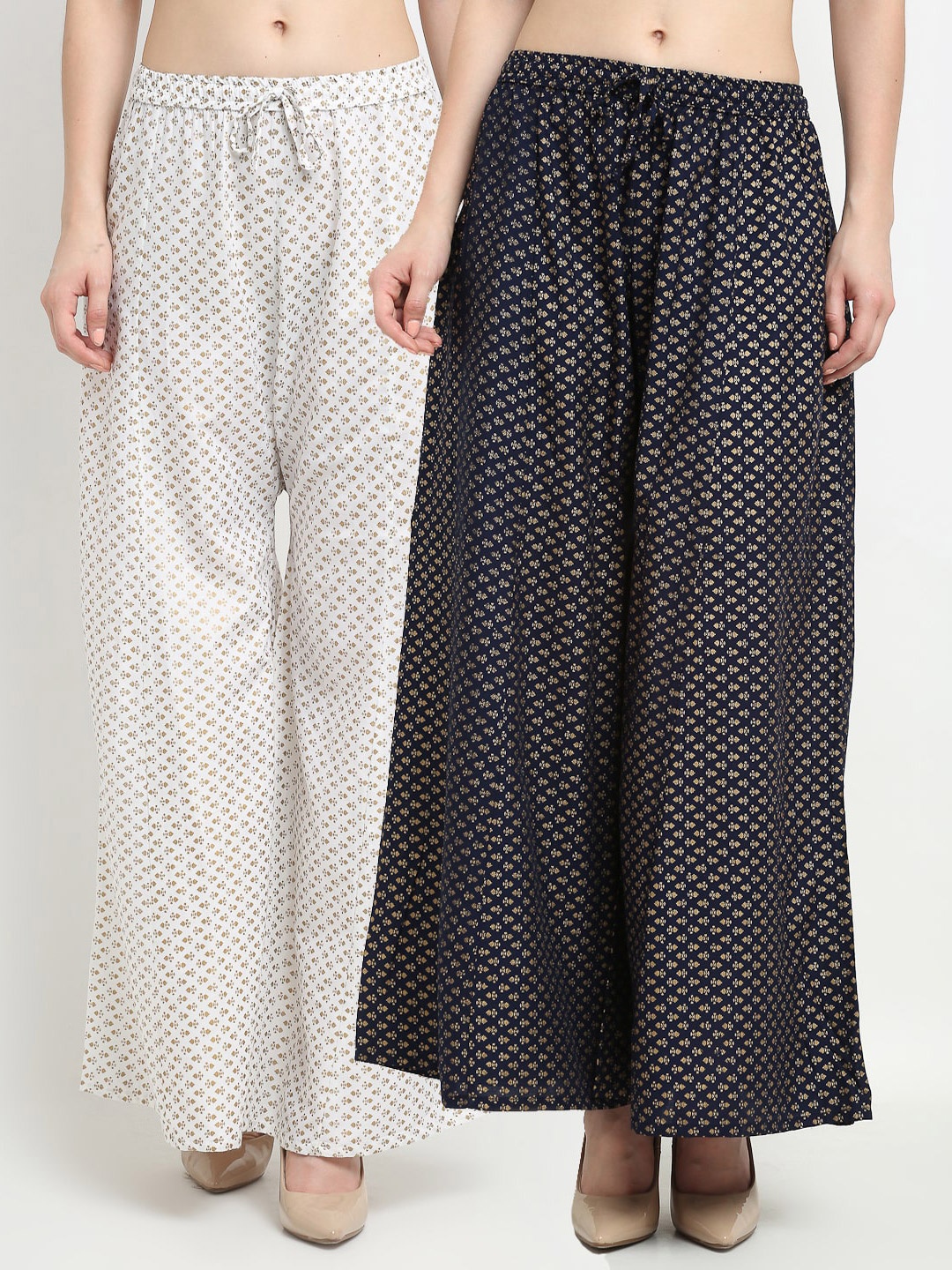

Jinfo Women White & Navy Blue Pack of 2 Printed Flared Knitted Ethnic Palazzos