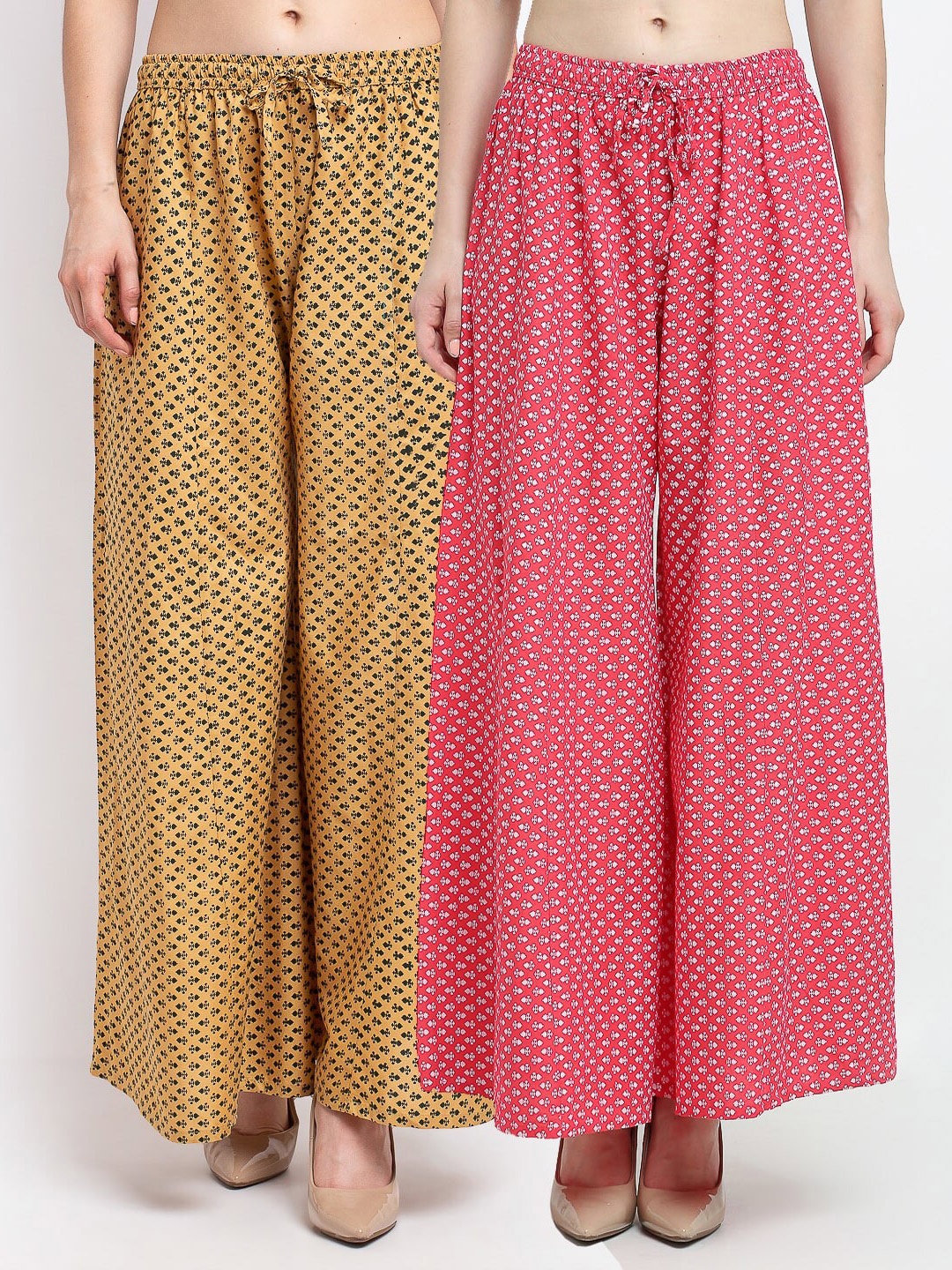 

Jinfo Women Nude & Coral Set of 2 Printed Flared Knitted Ethnic Palazzos