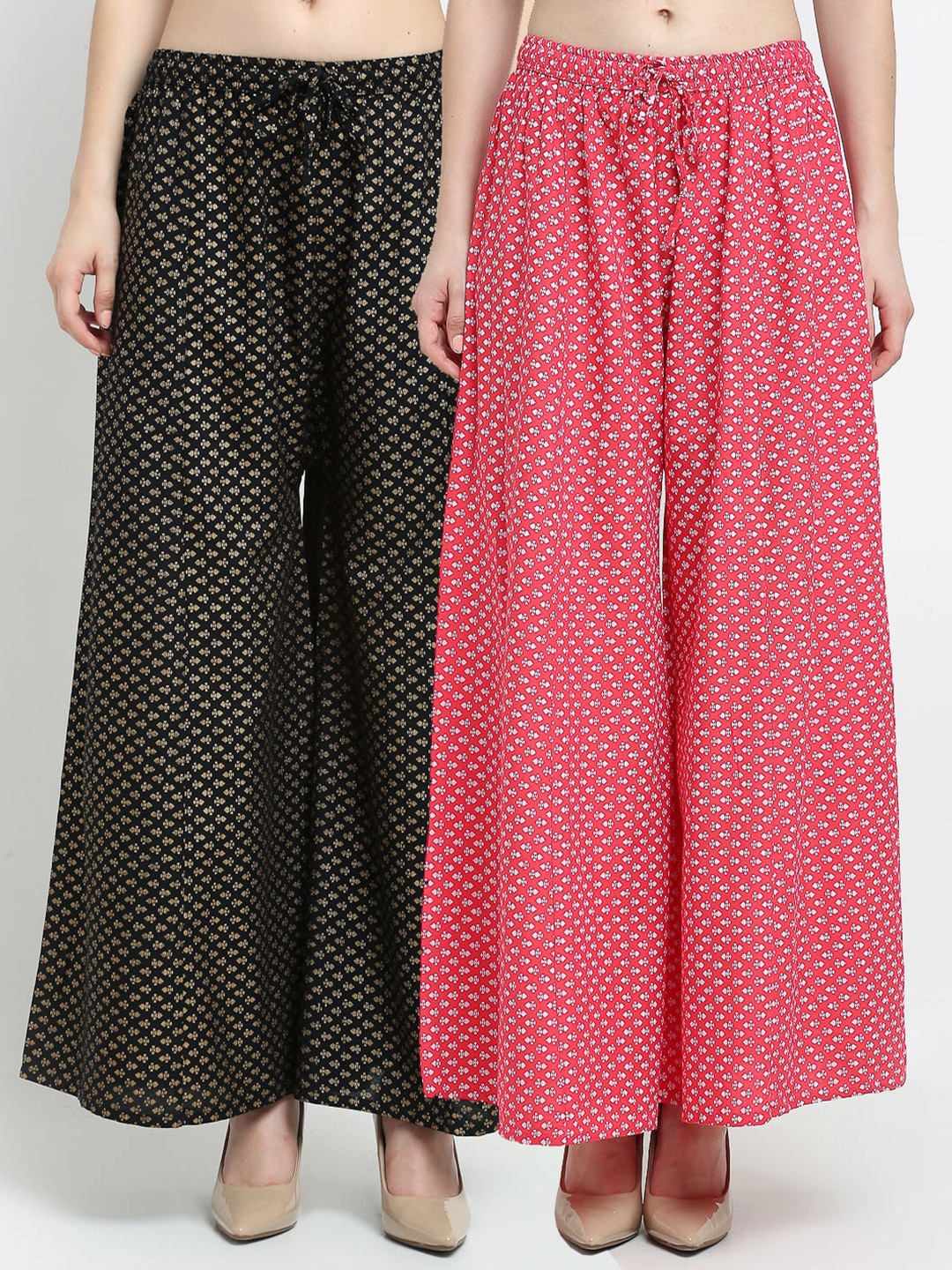

Jinfo Women Black & Pink Set Of 2 Printed Flared Knitted Ethnic Palazzos