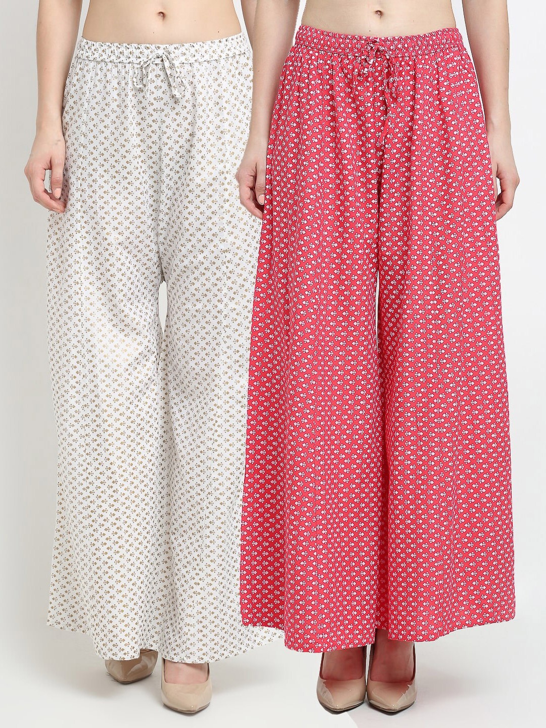 

Jinfo Women White & Pink 2 Ethnic Motifs Printed Flared Knitted Ethnic Palazzos
