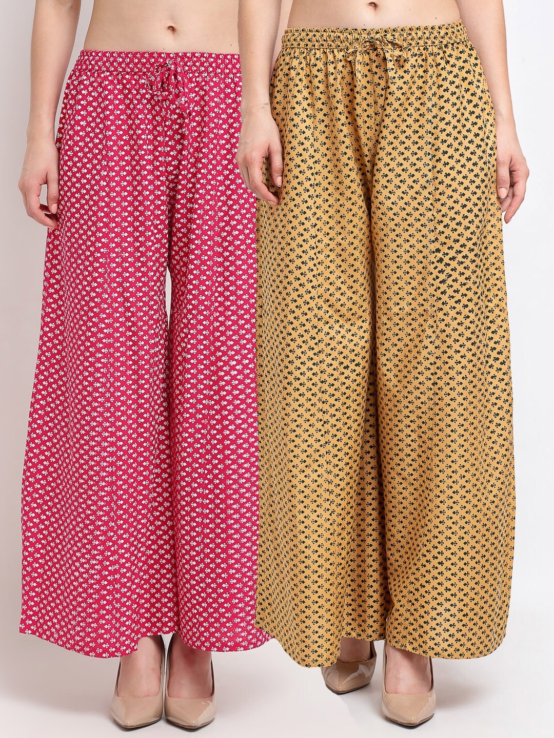 

Jinfo Women Pack Of 2 Pink & Beige Ethnic Motifs Printed Flared Palazzos