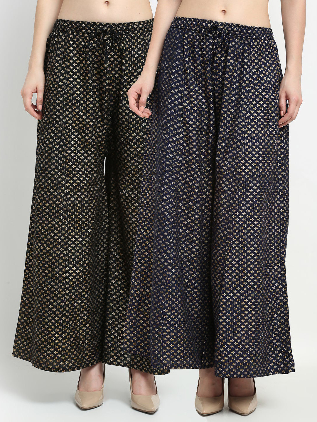

Jinfo Women Black & Navy Blue Pack of 2 Printed Flared Knitted Ethnic Palazzos