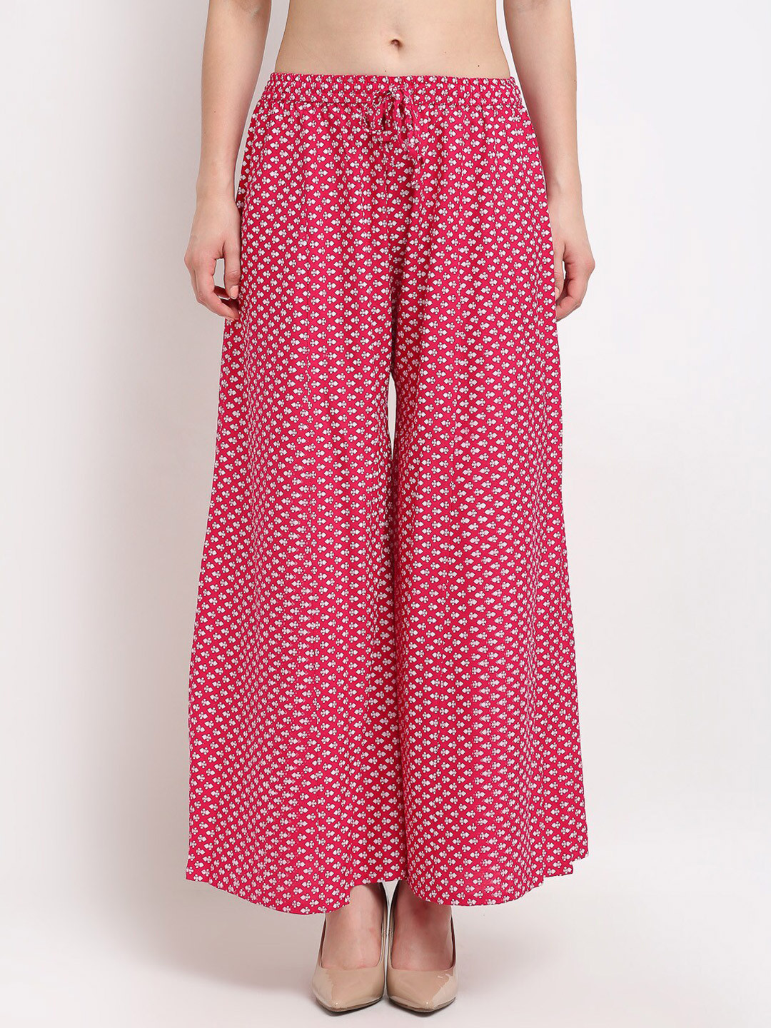 

Jinfo Women Pink & White Abstract Printed Flared Fit Palazzos