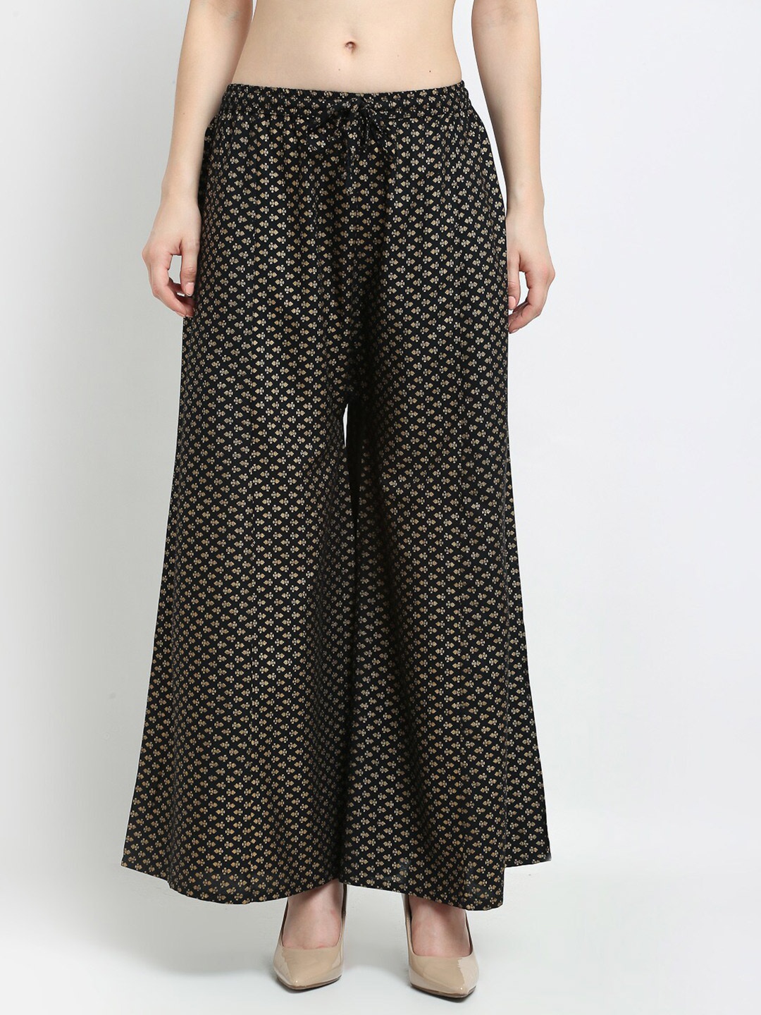 

Jinfo Women Black & Gold-Toned Ethnic Motifs Printed Flared Palazzos