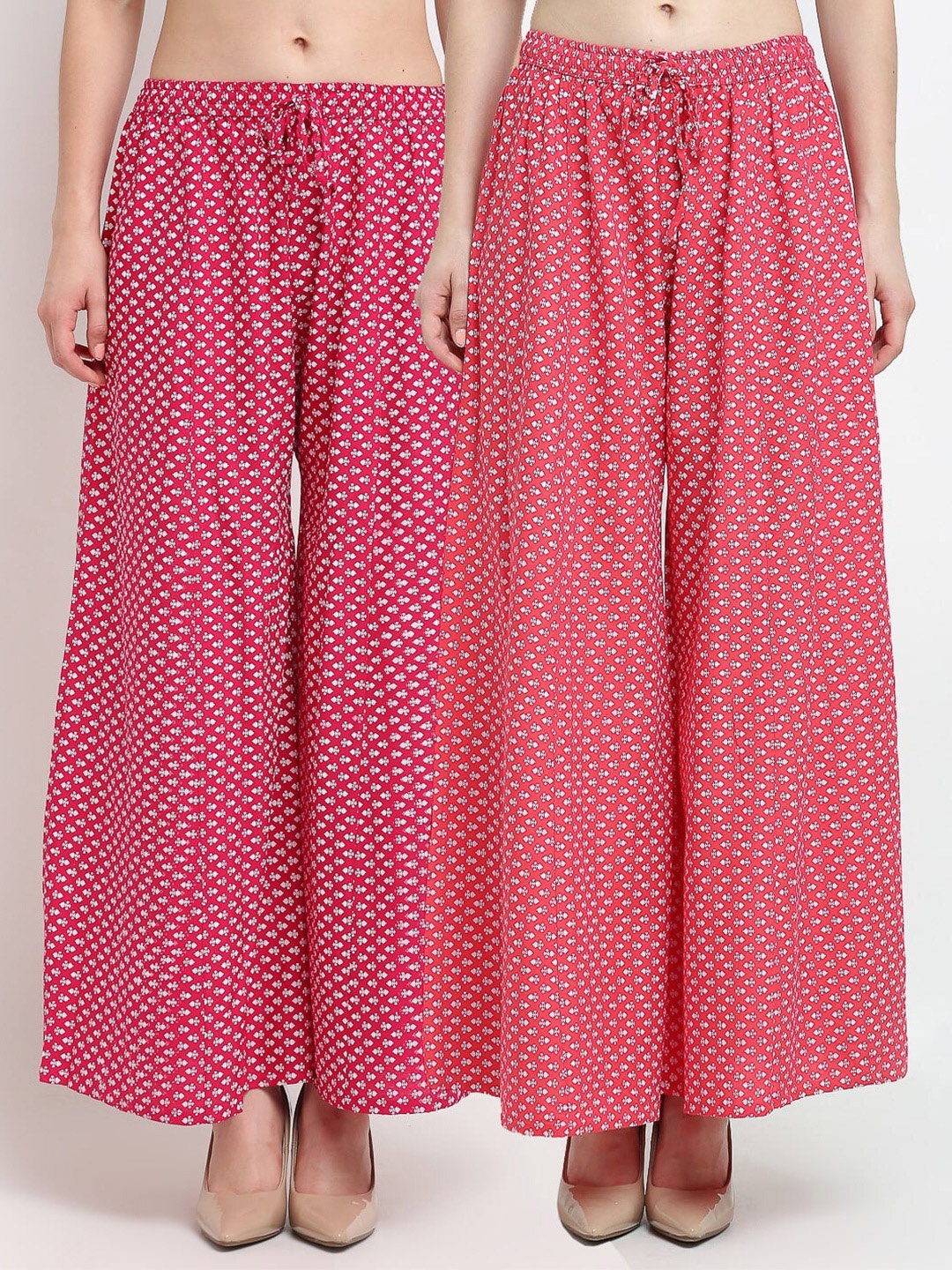 

Jinfo Women Pink & Peach-Coloured Set Of 2 Printed Flared Knitted Ethnic Palazzos