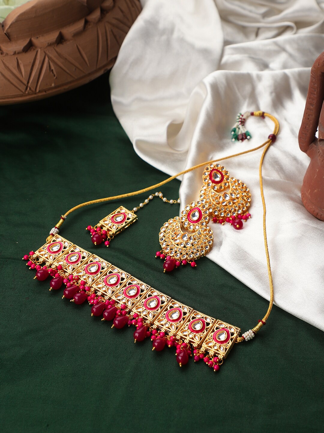 

STEORRA JEWELS Gold-Plated Pink Kundan-Studded Choker Jewelry Set