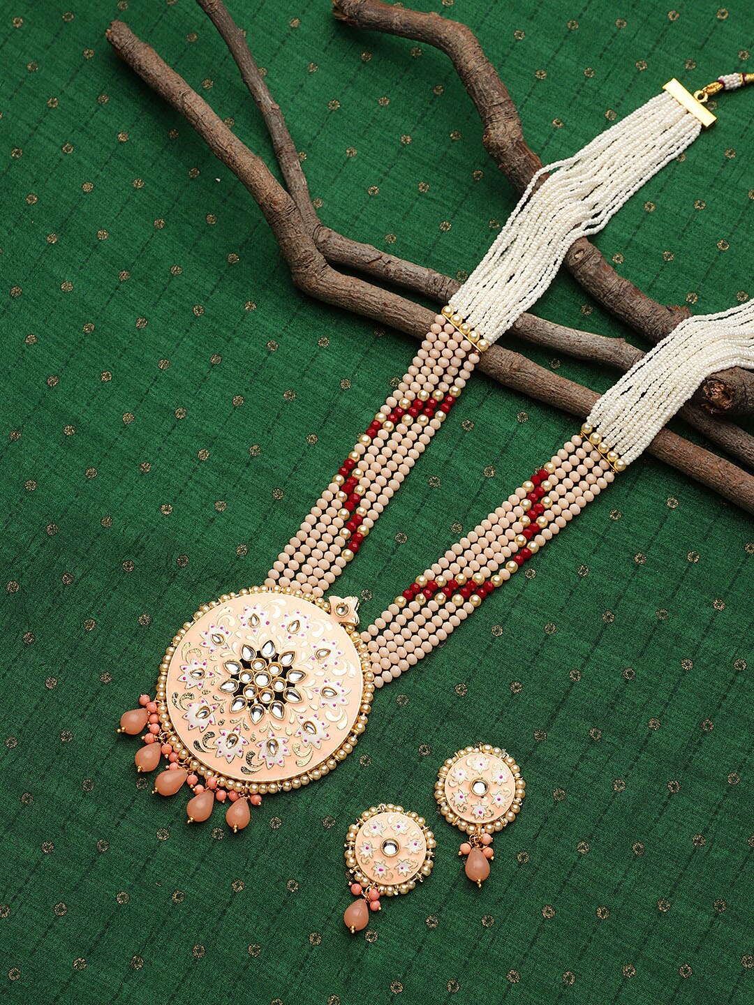 

STEORRA JEWELS Gold & Pink-Toned & Plated Kundan Studded & Beaded Long Jewellery Set