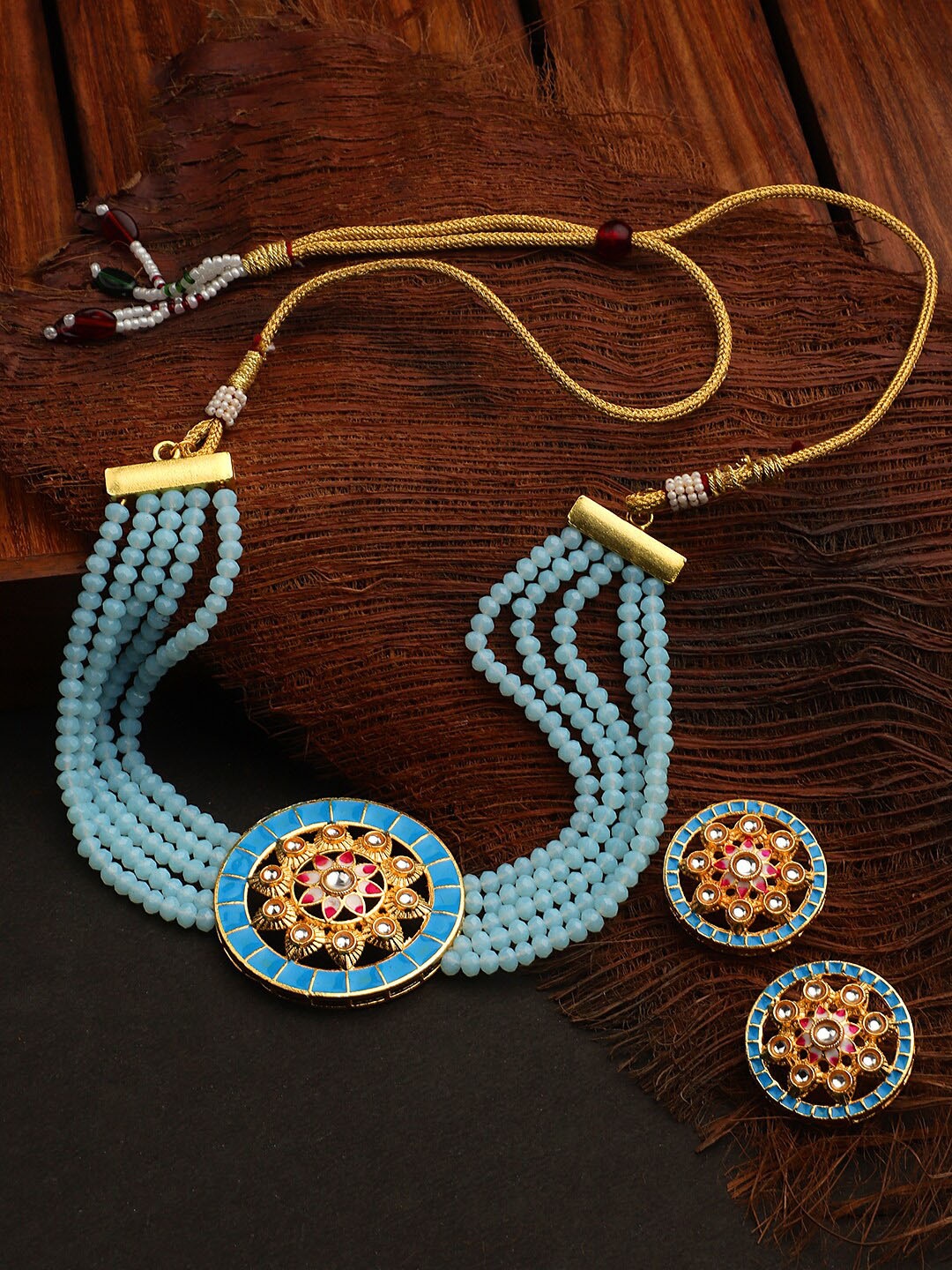 

STEORRA JEWELS Gold Plated & Blue Beaded Layered Jewellery Set