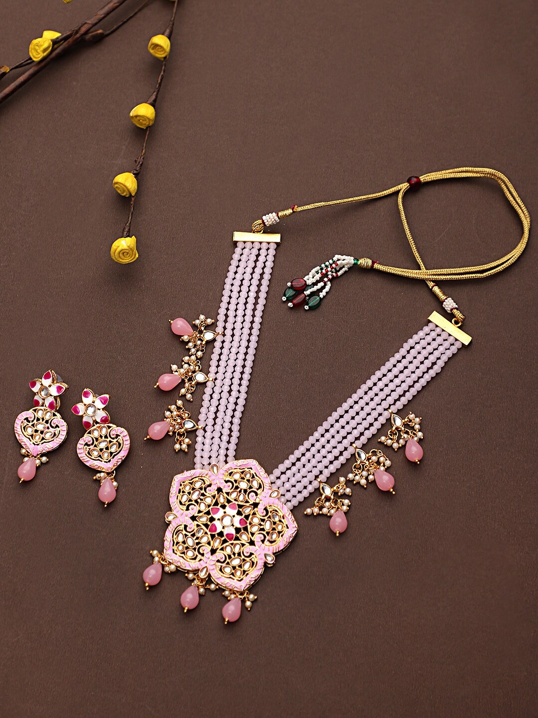 

STEORRA JEWELS Gold Plated & Pink Kundan Studded & Beaded Long Jewellery Set