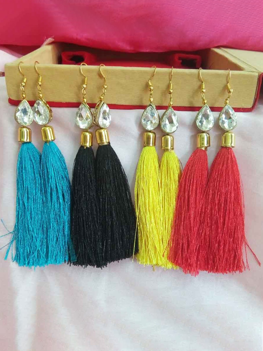 

RICH AND FAMOUS Set Of 4 Multicoloured Tasseled & Quartz Contemporary Drop Earrings, Multi