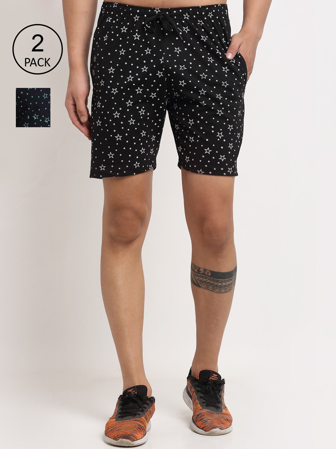 

MACK JONNEY Men Black & Navy Blue Pack Of 2 Printed Regular Fit Shorts