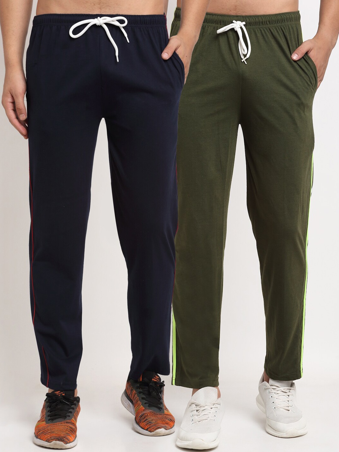 

VIMAL JONNEY Men Navy Blue & Olive Green Pack Of 2 Solid Regular Fit Track Pants