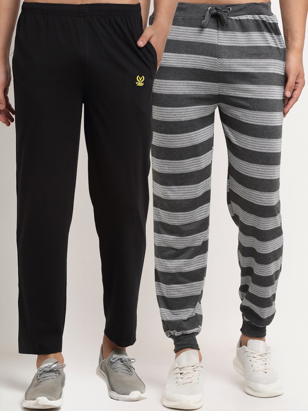

VIMAL JONNEY Men Black & Grey Pack Of 2 Striped Track Pants