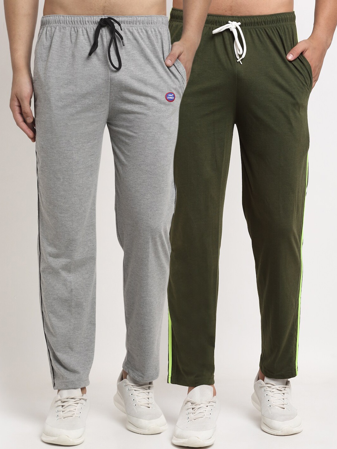 

VIMAL JONNEY Men Grey & Olive Green Pack Of 2 Solid Track Pants