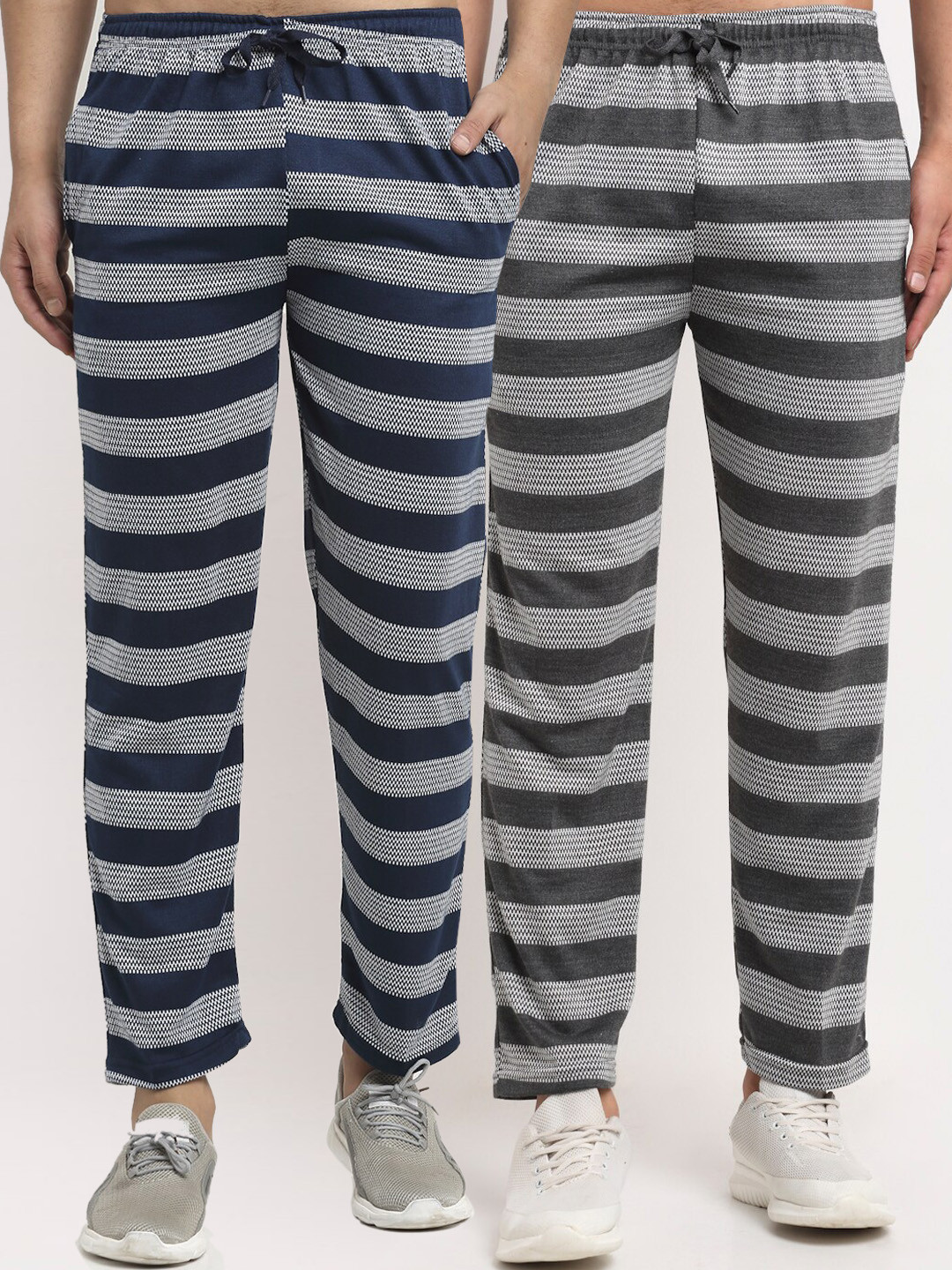 

VIMAL JONNEY Men Pack Of 2 Grey & Blue Striped Regular-Fit Track Pants