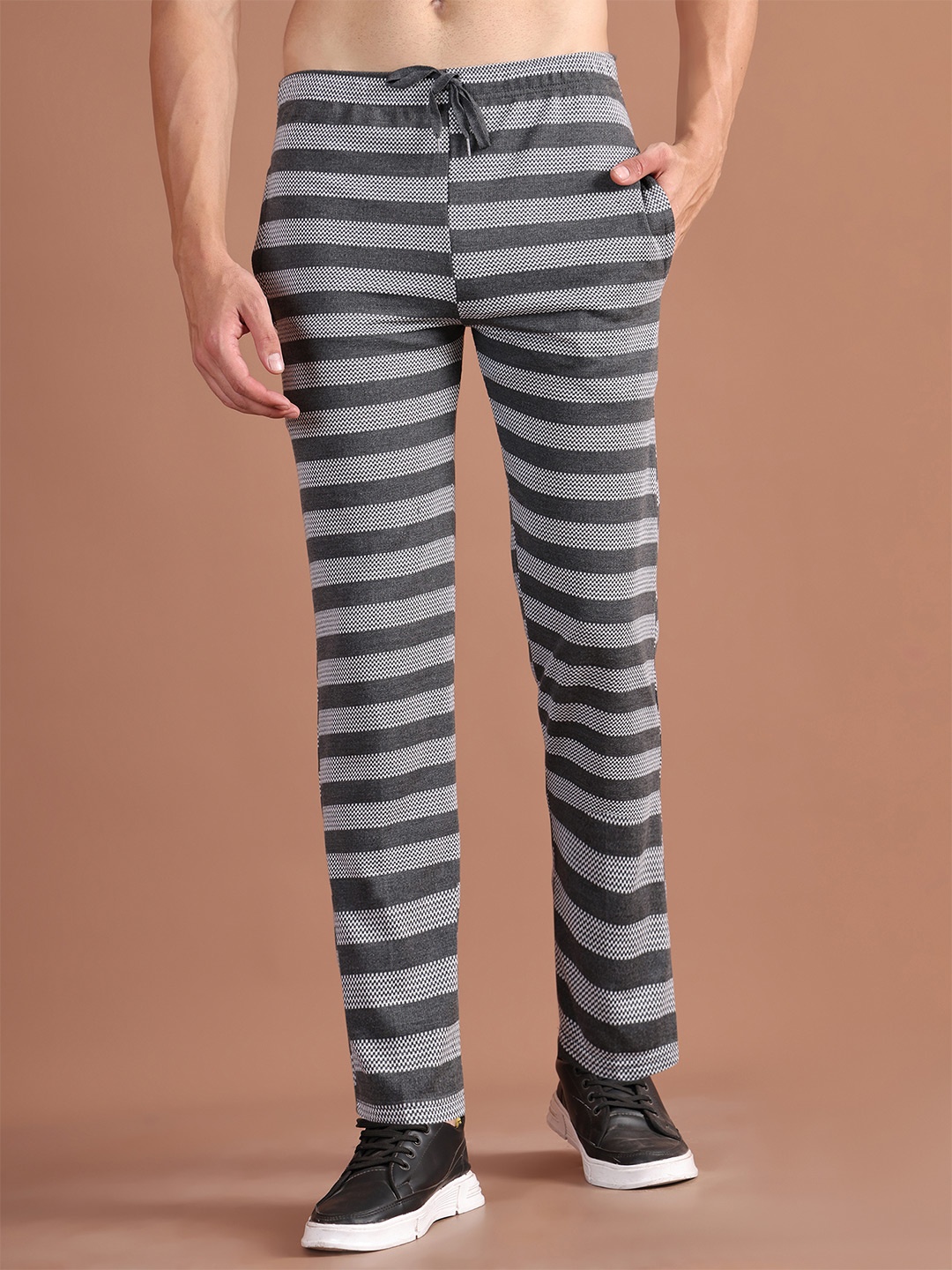 

MACK JONNEY Men Grey Stripped Regular-Fit Track Pants