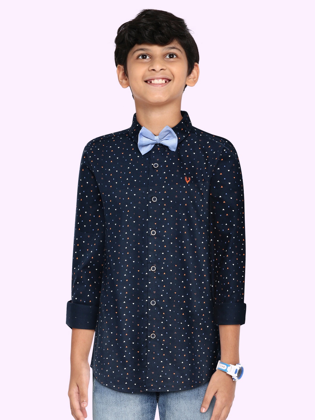 

Allen Solly Junior Boys Navy Blue Slim Fit Geometric Print Pure Cotton Shirt with Bow