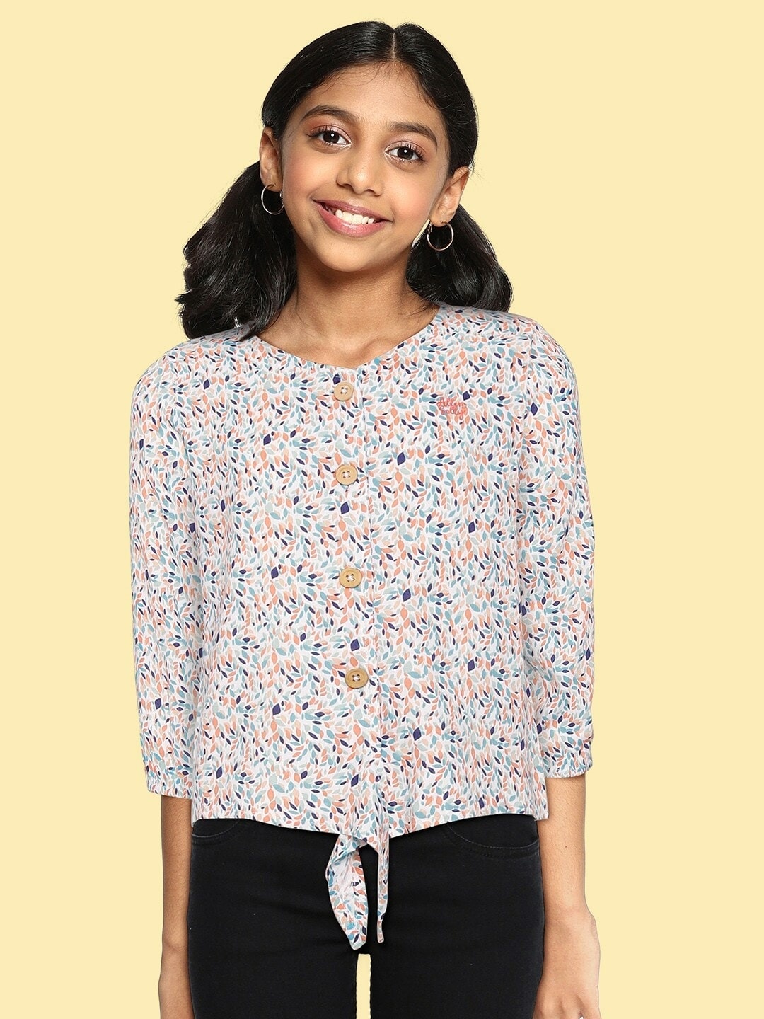 

Allen Solly Junior Girls White & Blue Floral Micro Ditsy Print Top with Knot detail