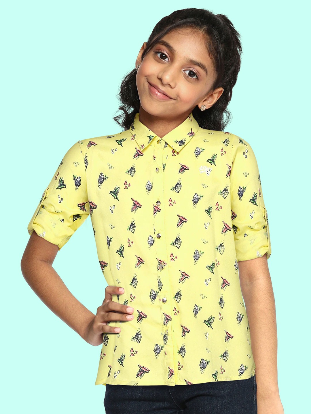 

Allen Solly Junior Girls Yellow & Green Conversation Bird Print Casual Shirt