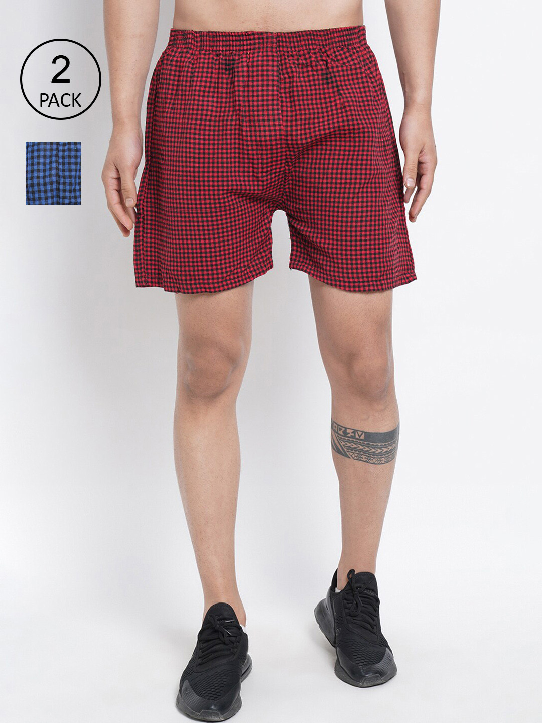 

Purple State Men Pack of 2 Blue & Red Pure Cotton Checked Boxers