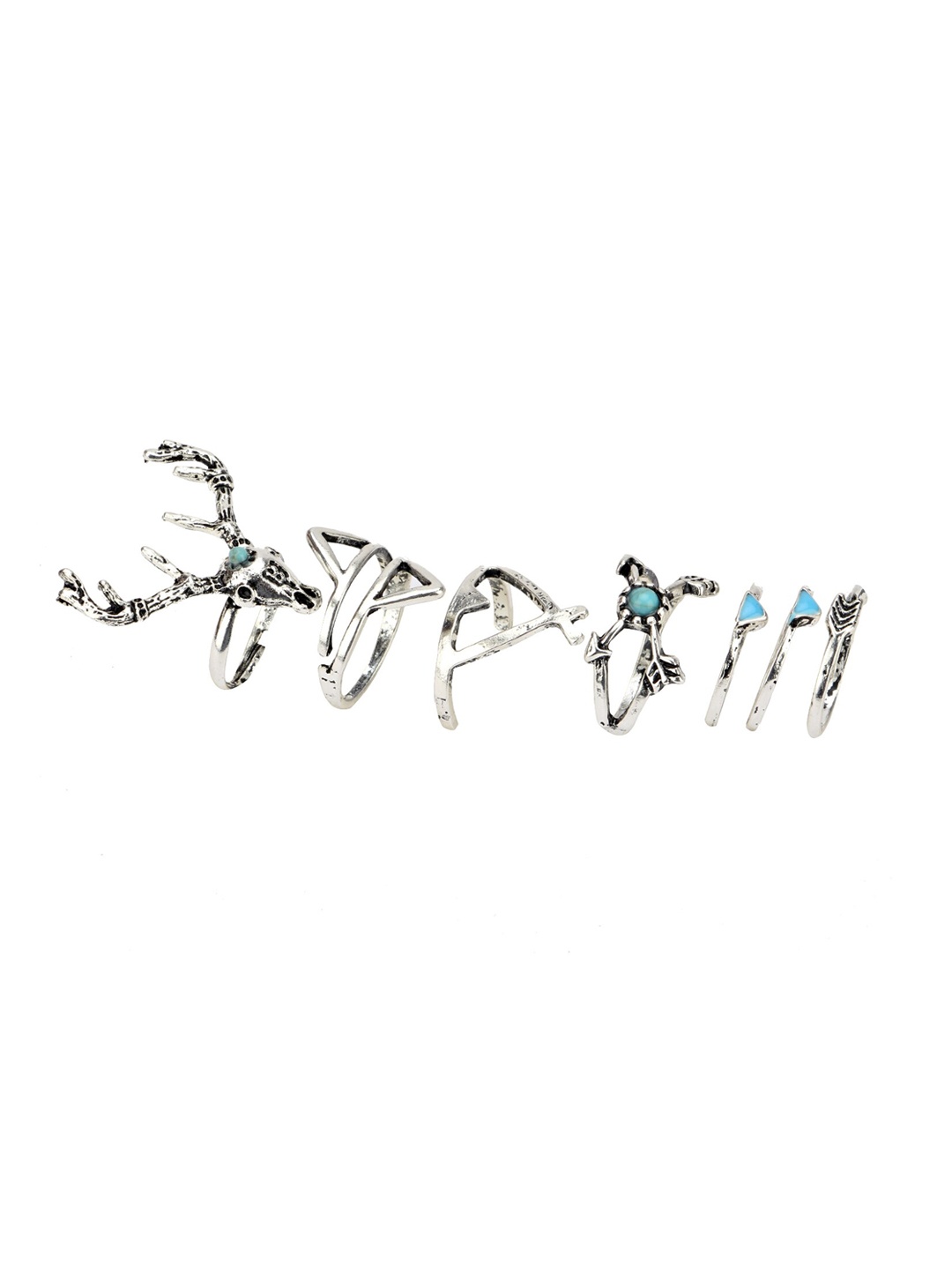 

Arendelle Set Of 7 Silver-Plated Stone-Studded Boho Rings