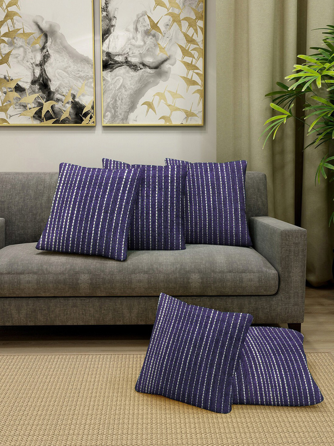 

KLOTTHE Purple & White Set Of 5 Striped Square Cotton Cushion Covers
