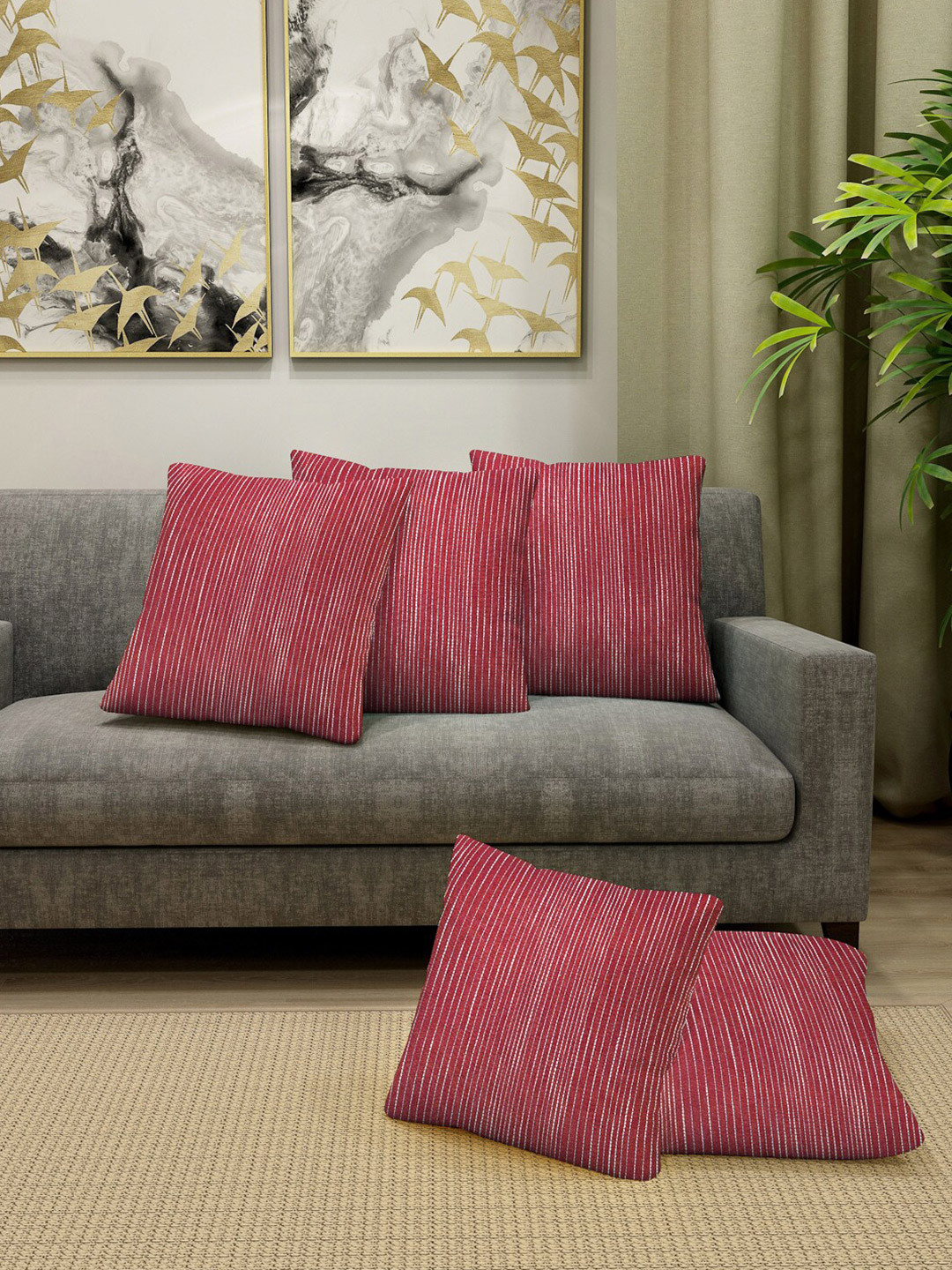 

KLOTTHE Red & White Set of 5 Striped Cotton Square Cushion Covers