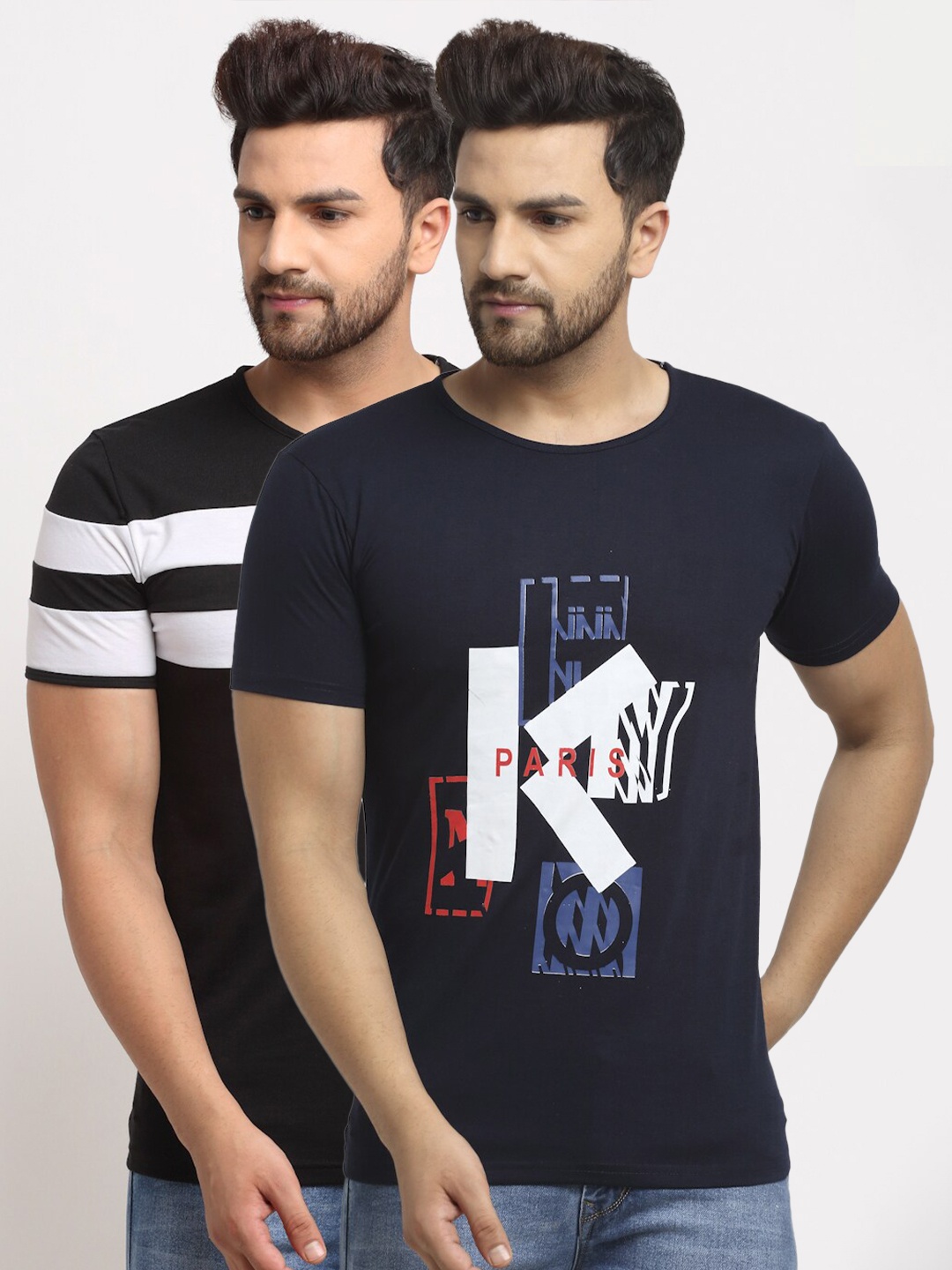 

MACK JONNEY Men Printed Navy Blue & Solid Black & White T-shirt Pack of 2
