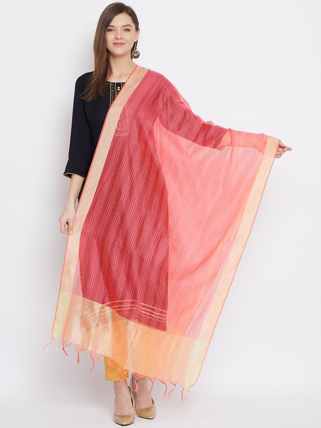 

Clora Creation Peach-Coloured & Gold-Toned Striped Tissue Silk Dupatta