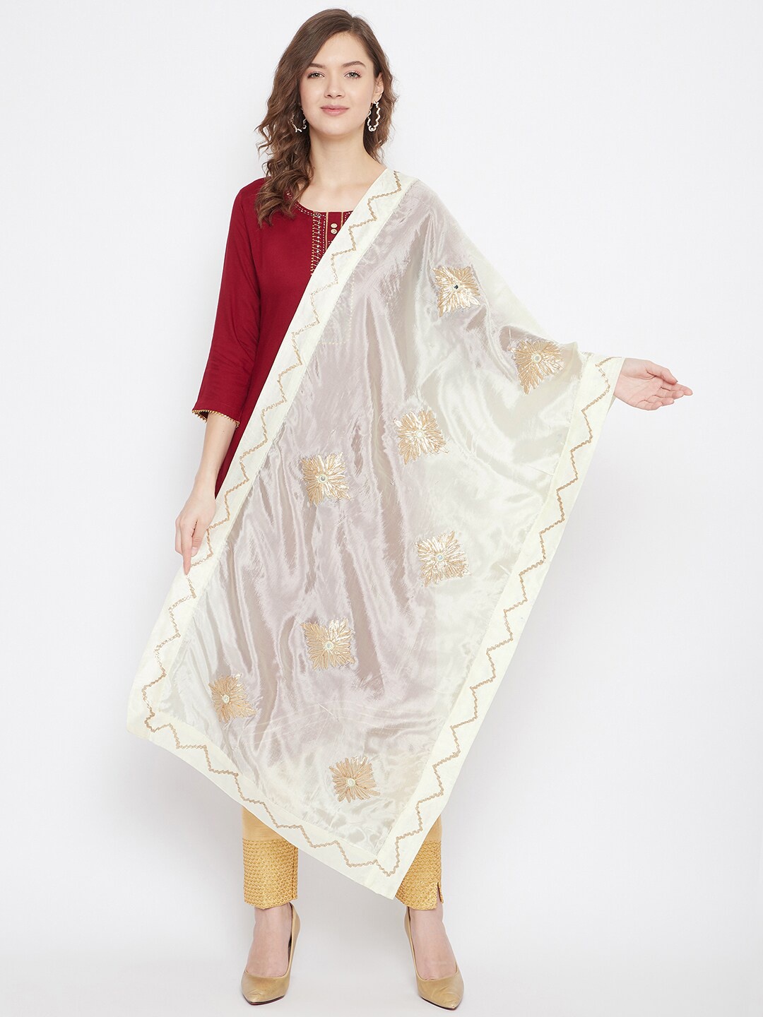 

Clora Creation Cream-Coloured & Gold-Toned Embroidered Silk Dupatta with Gotta Patti