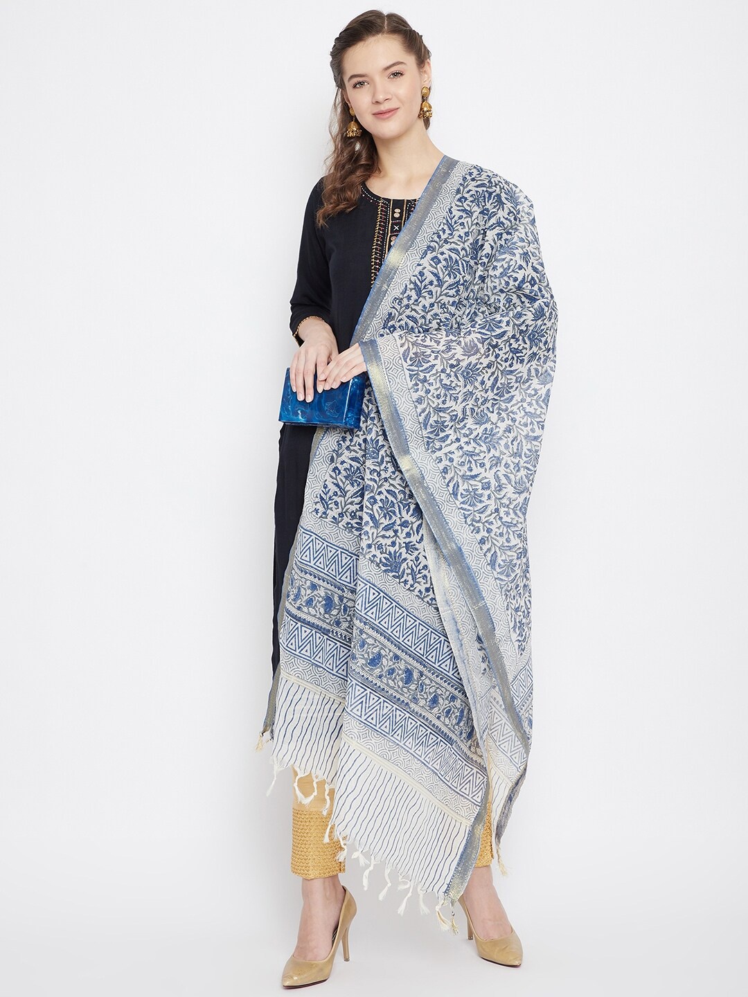 

Clora Creation Navy Blue & White Printed Cotton Silk Dupatta