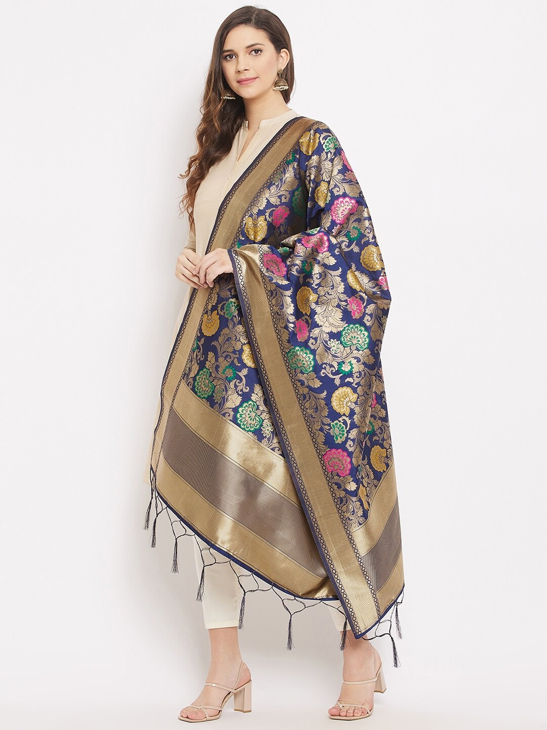 

Clora Creation Navy Blue & Gold-Toned Woven Design Banarsi Silk Dupatta
