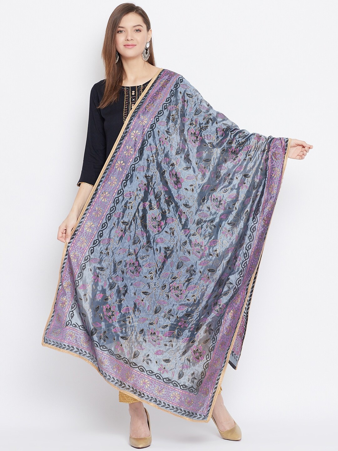 

Clora Creation Grey & Purple Printed Silk Dupatta