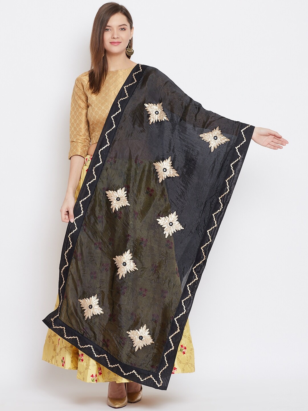 

Clora Creation Black & Gold-Toned Embroidered Silk Dupatta with Gotta Patti