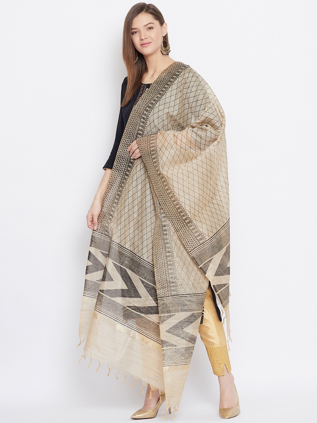 

Clora Creation Beige & Black Printed Cotton Silk Dupatta