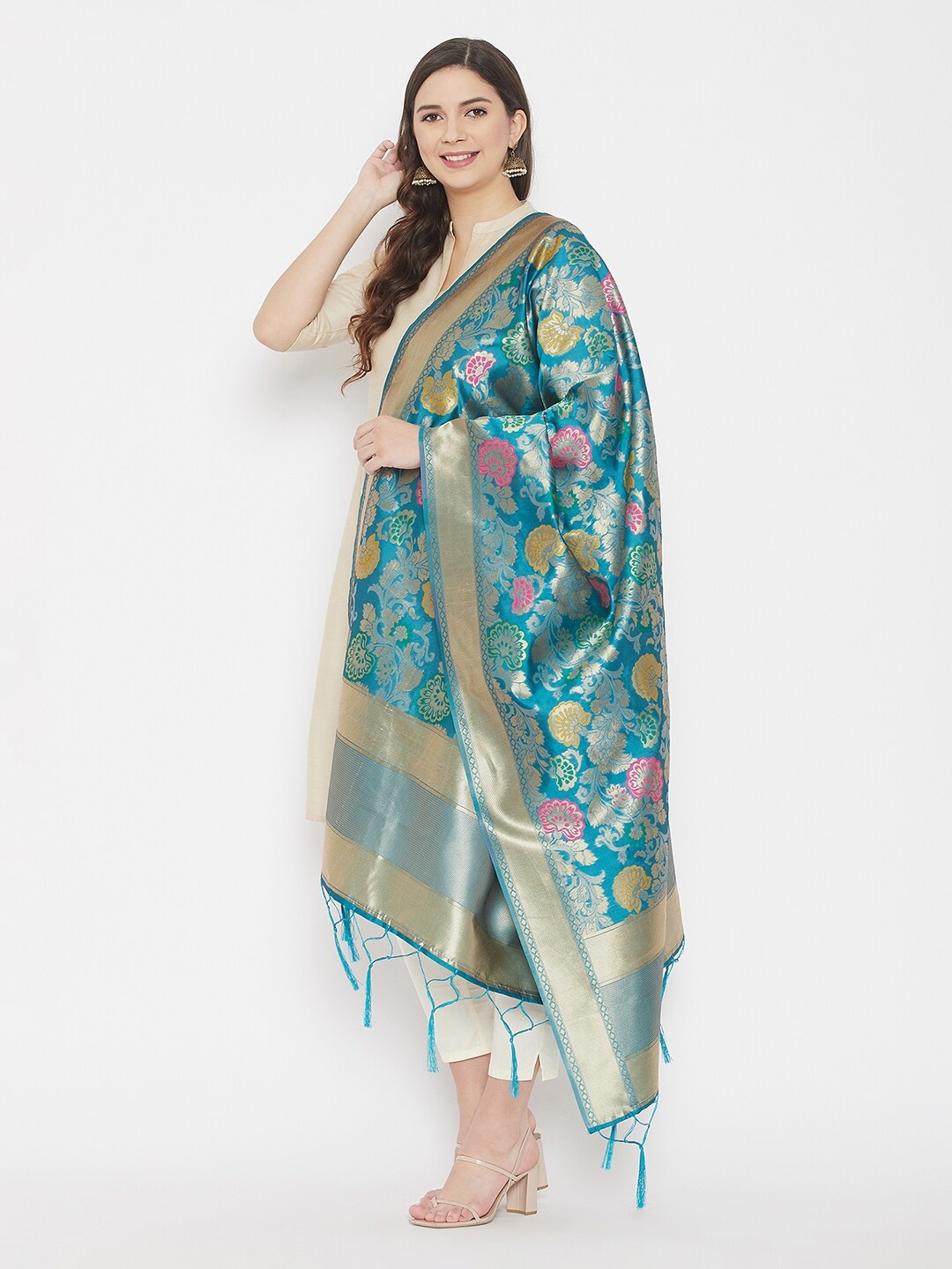 

Clora Creation Blue & Pink Woven Design Banarsi Silk Dupatta with Zari