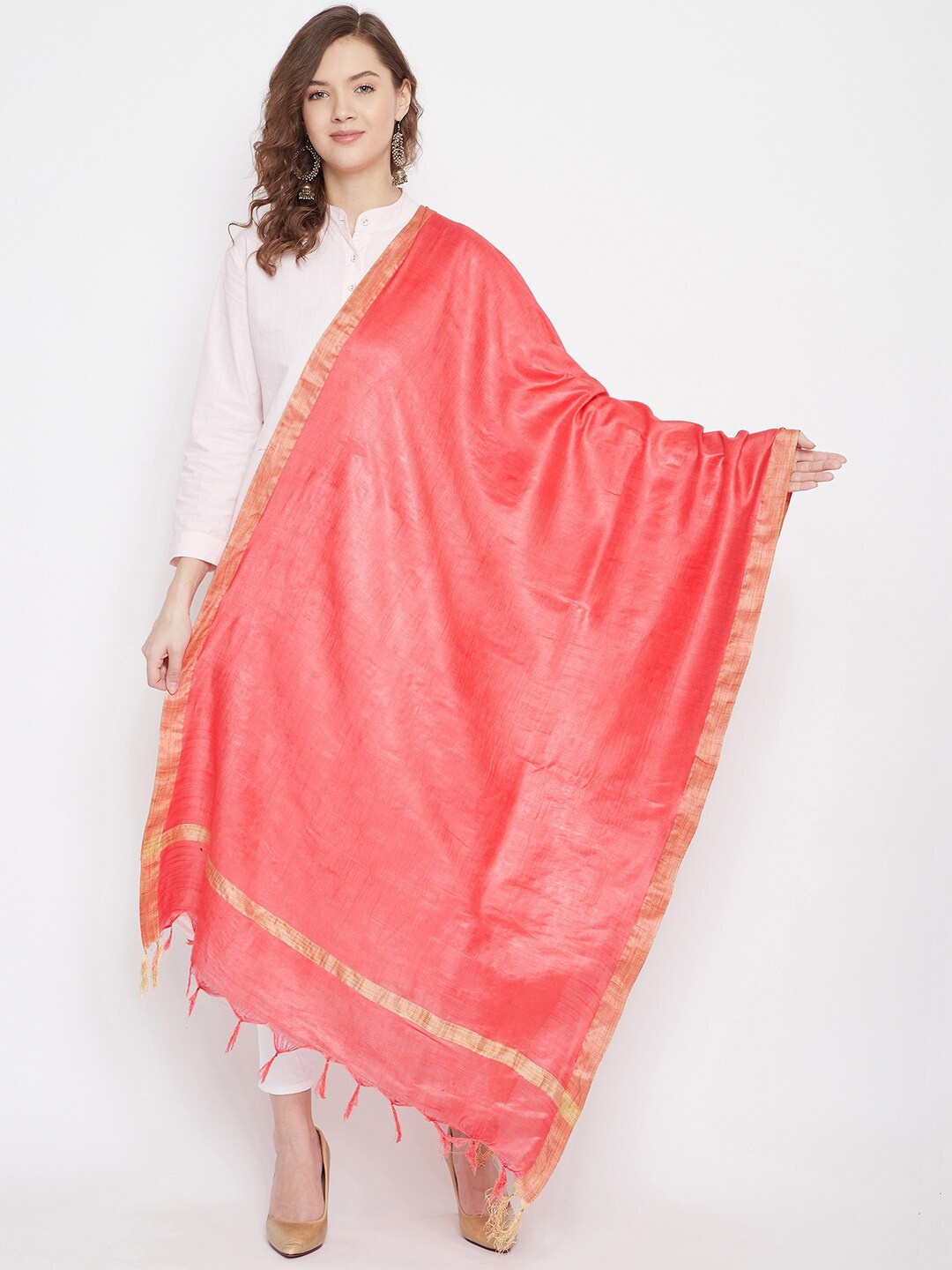 

Clora Creation Peach-Coloured & Gold-Toned Cotton Tussar Dupatta