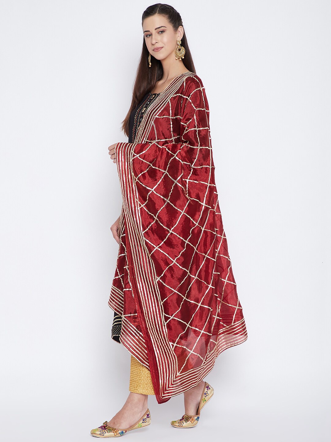 

Clora Creation Maroon & Silver-Toned Checked Dupatta with Gotta Patti