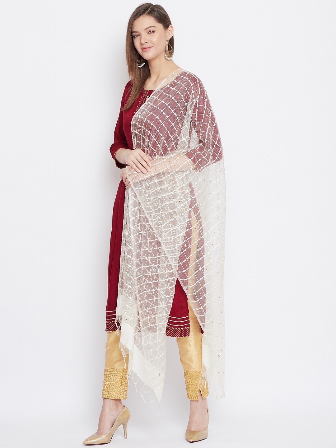 

Clora Creation Cream-Coloured Checked Organza Sequinned Net Dupatta