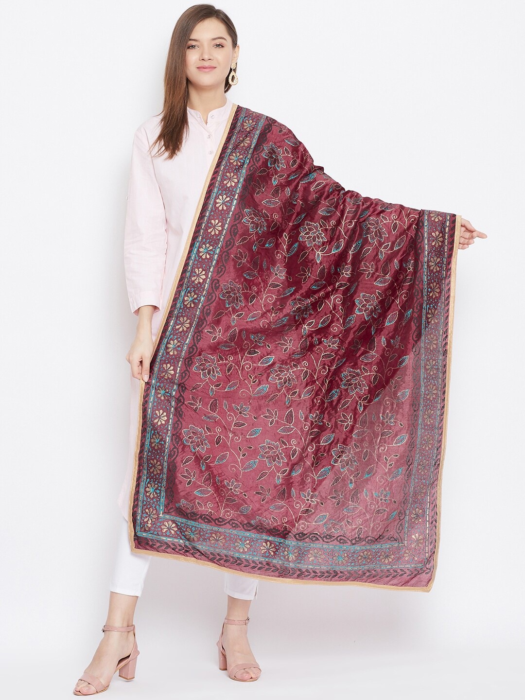 

Clora Creation Maroon & Blue Printed Silk Dupatta