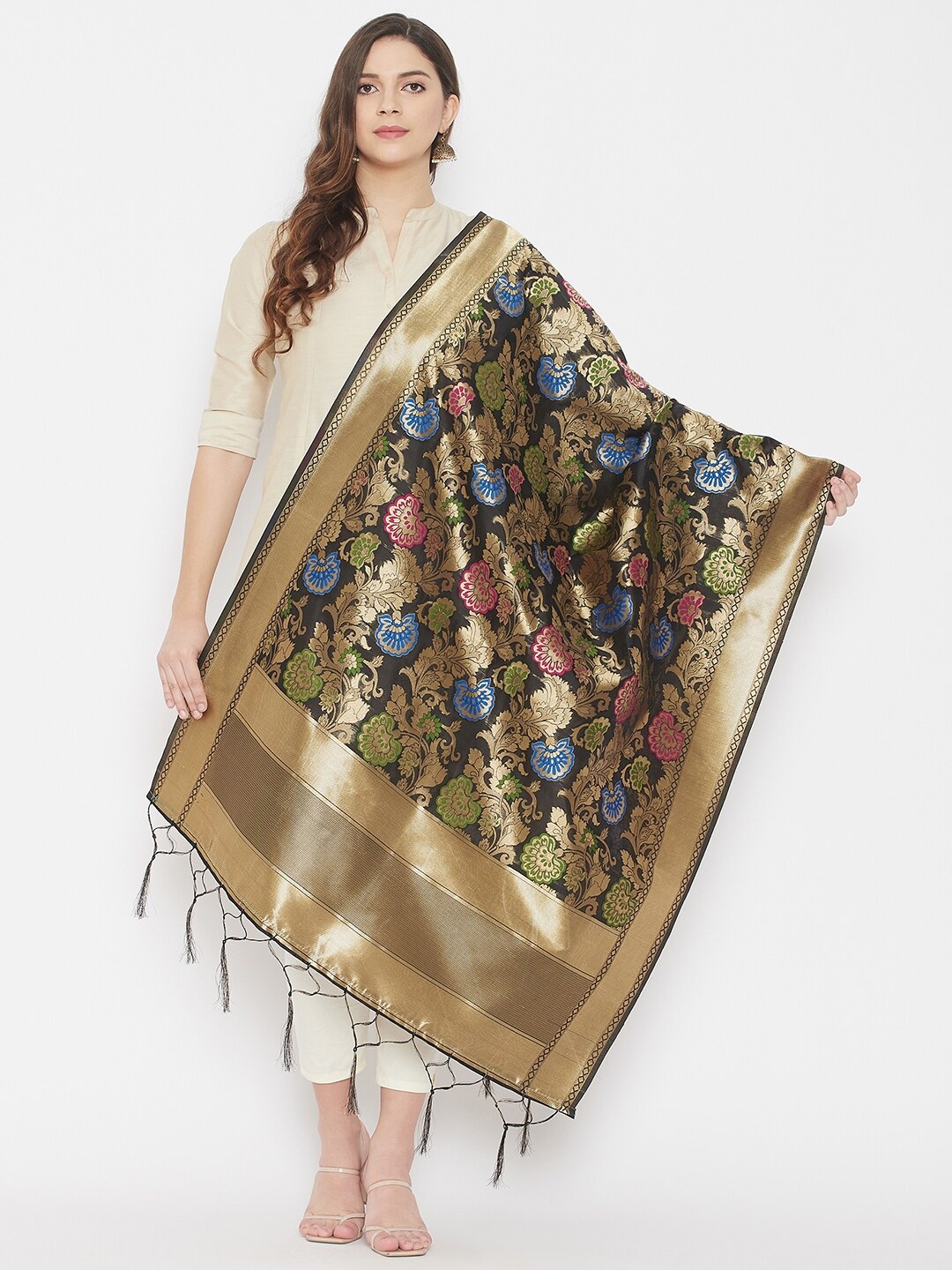 

Clora Creation Black & Gold-Toned Woven Design Banarsi Silk Dupatta