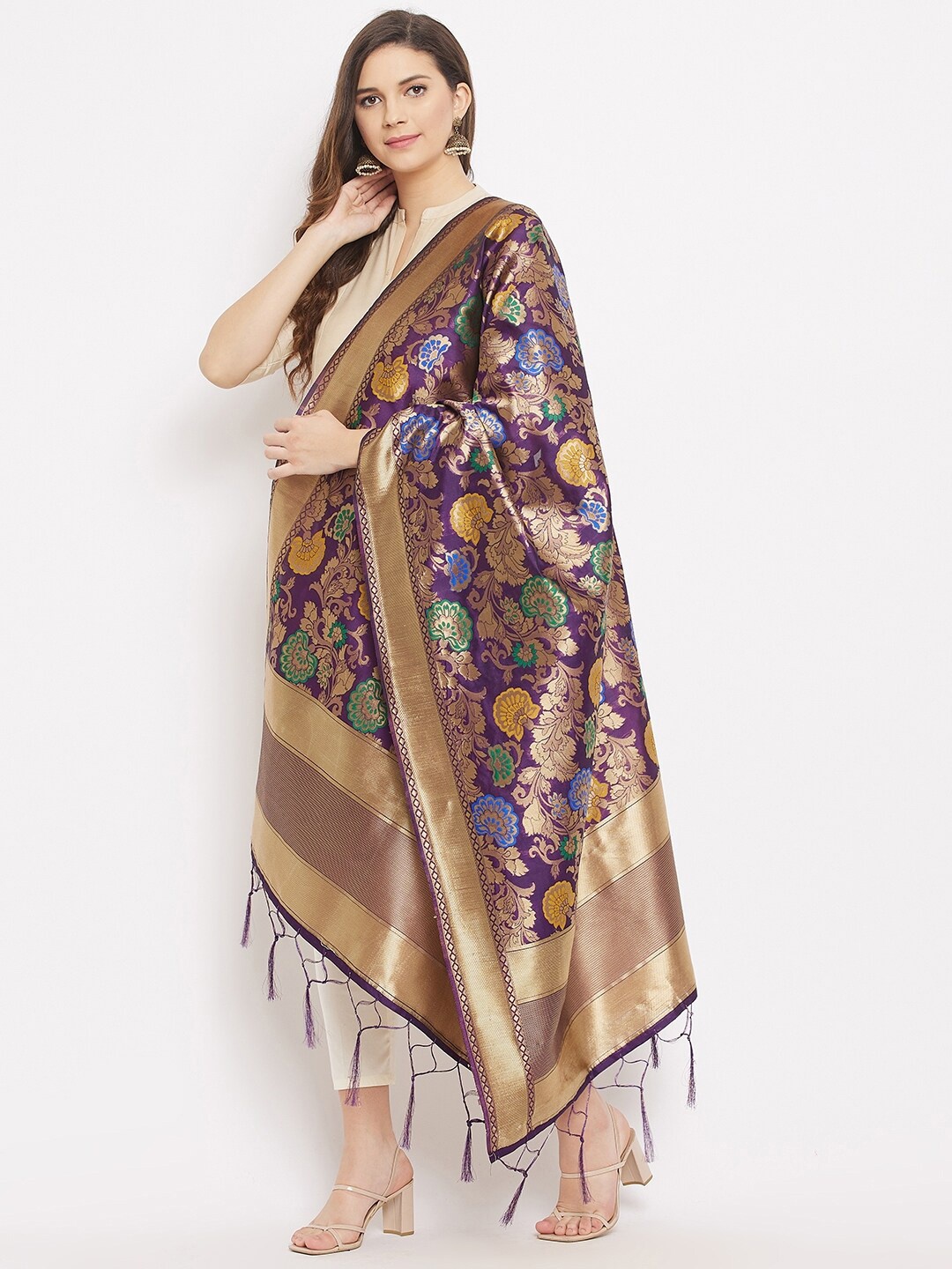 

Clora Creation Purple & Green Woven Design Banarsi Silk Dupatta