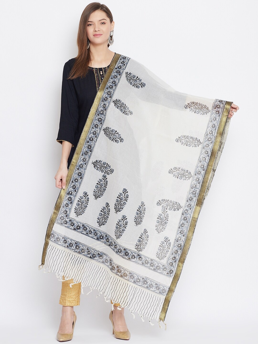 

Clora Creation White & Black Printed Dupatta with Zari