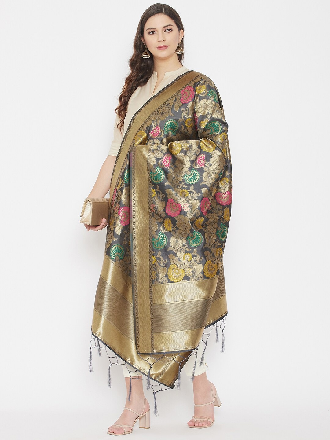 

Clora Creation Grey & Green Woven Design Banarsi Silk Dupatta